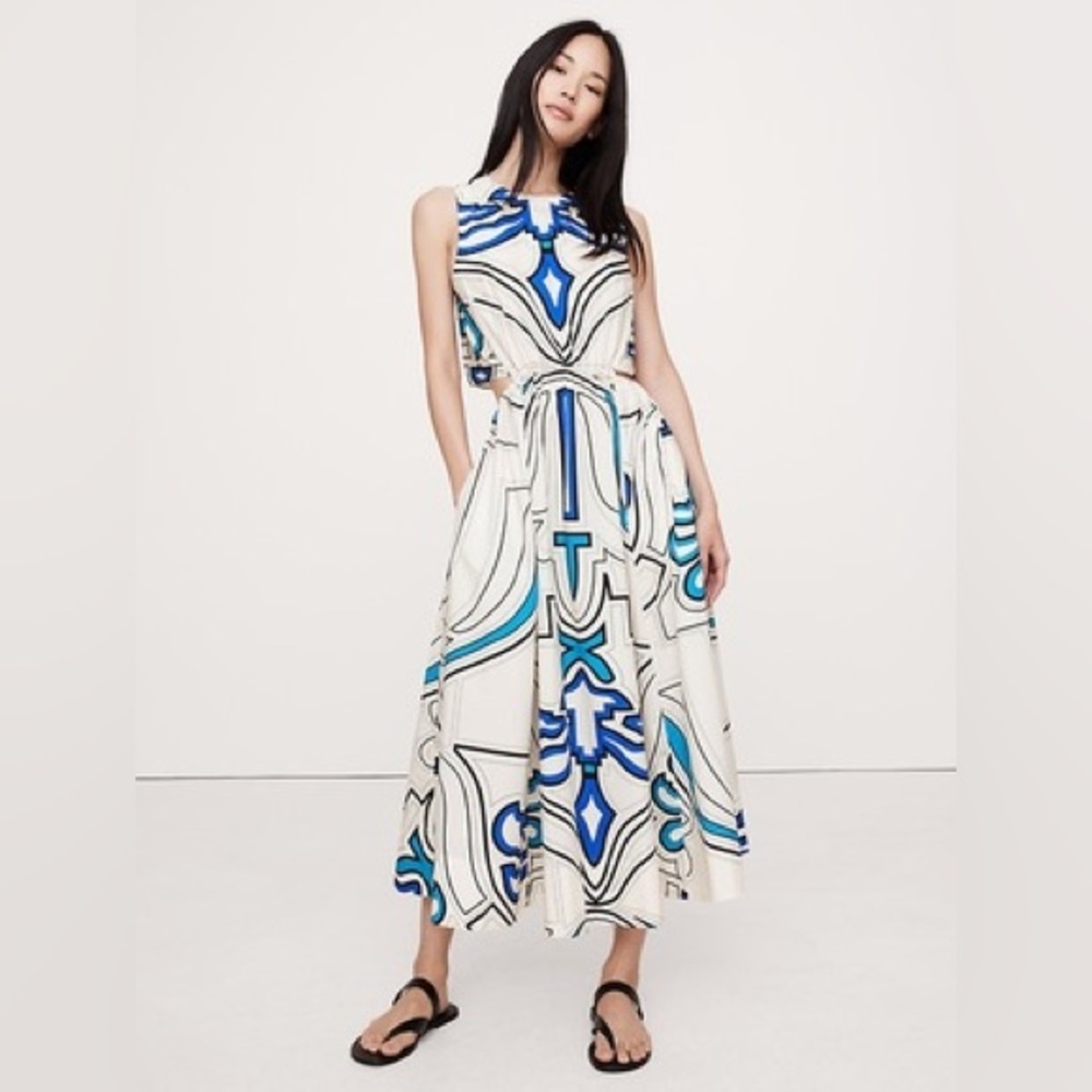 Cotton Poplin Cut-Out Midi Dress Size Small In Blue & White Tile Print By BR NWT